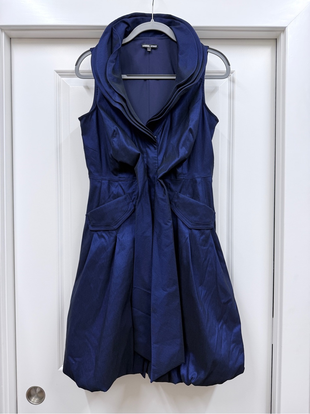 Samuel Dong Iridescent Navy Blue Taffeta Bubble Hem Dress Size M